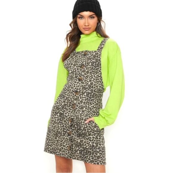 PrettyLittleThing Leopard Pinafore Denim Dress Brown Black Size US 8 UK 12 - Picture 1 of 11